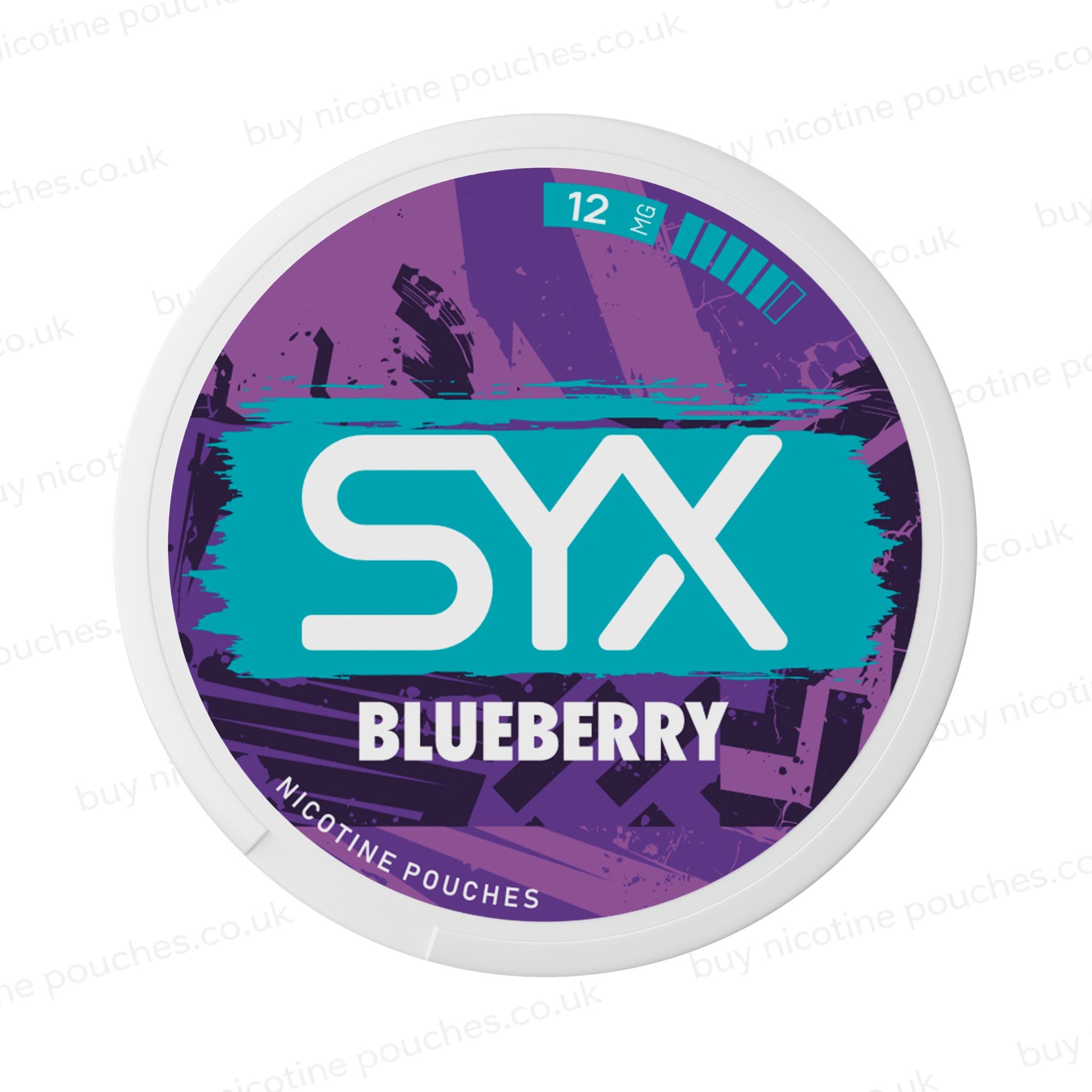 Nicotine pouch container with purple and blue SYX Blueberry branding on a white background.