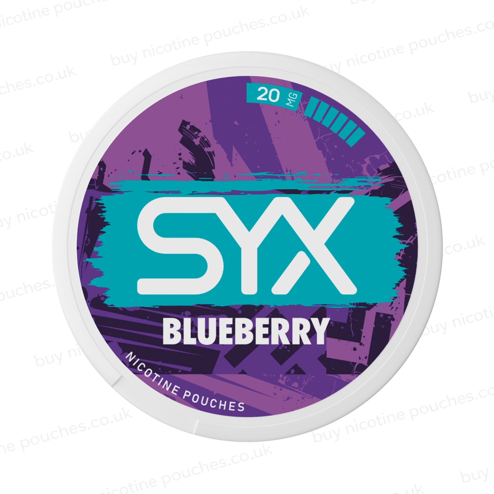 Nicotine pouch container with purple and blue SYX Blueberry branding on a white background.