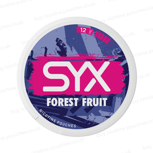 Nicotine pouch container with purple SYX Forest Fruit branding on a white background.