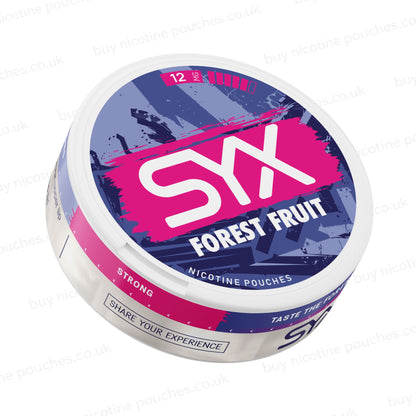 Angled shot of a nicotine pouch container with purple SYX Forest Fruit branding on a white background.