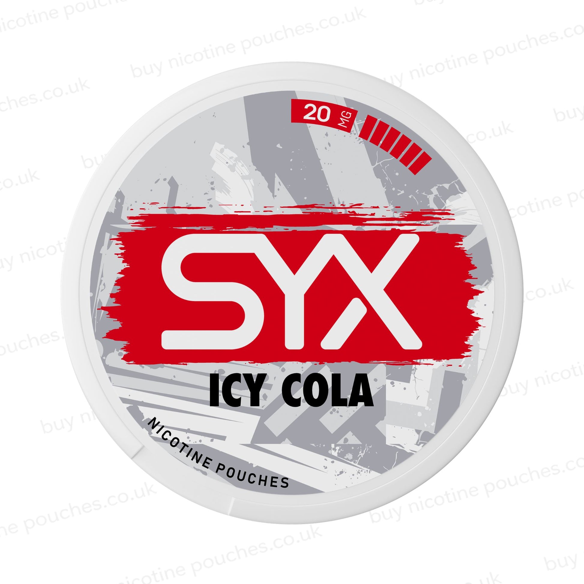 Nicotine pouch container with grey and red SYX Icy Cola branding on a white background.