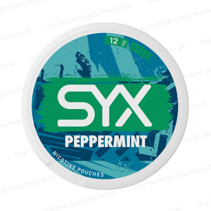 Nicotine pouch container with blue and green SYX Peppermint branding on a white background.