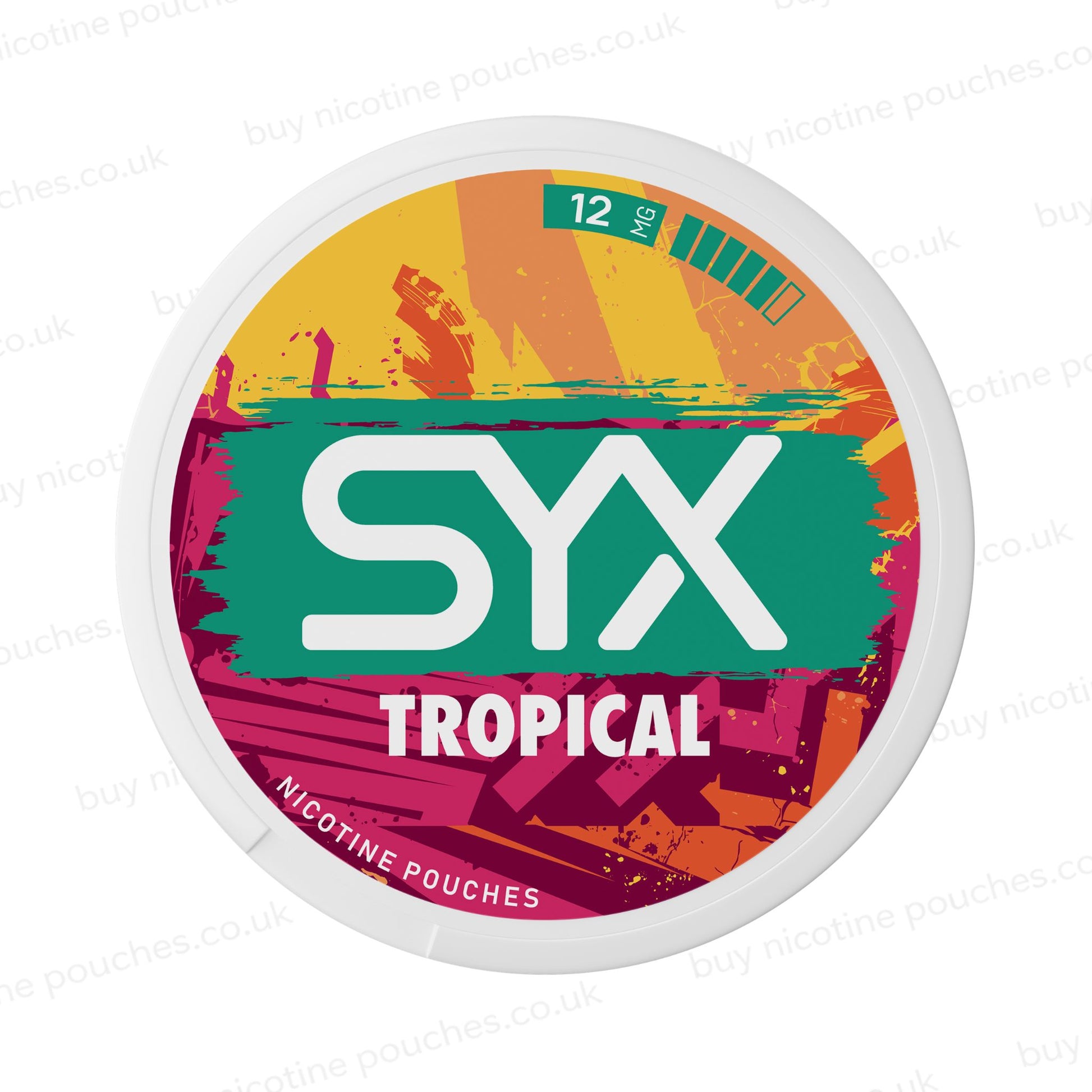 Nicotine pouch container with orange and burgundy SYX Tropical branding on a white background.