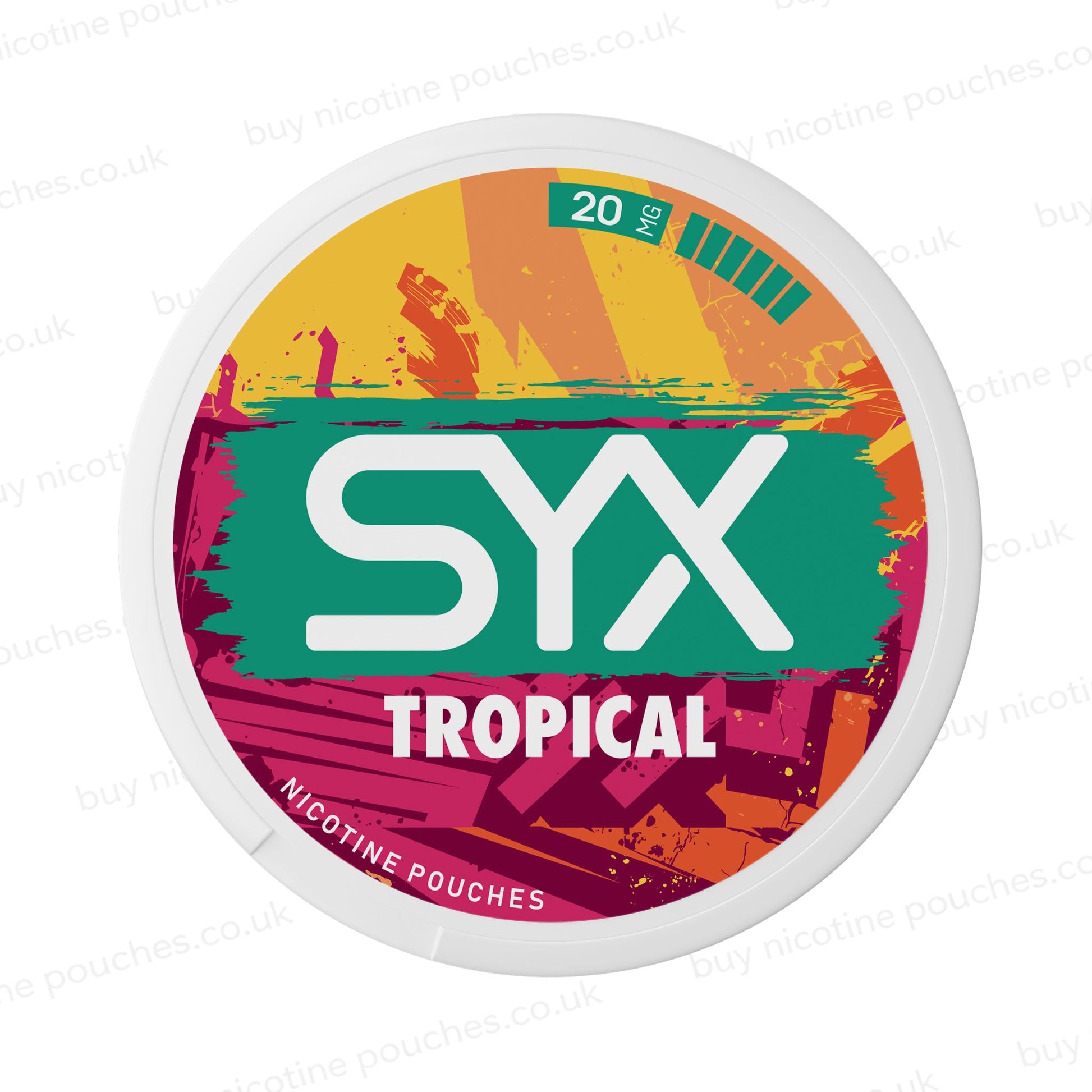 Nicotine pouch container with orange and burgundy SYX Tropical branding on a white background.