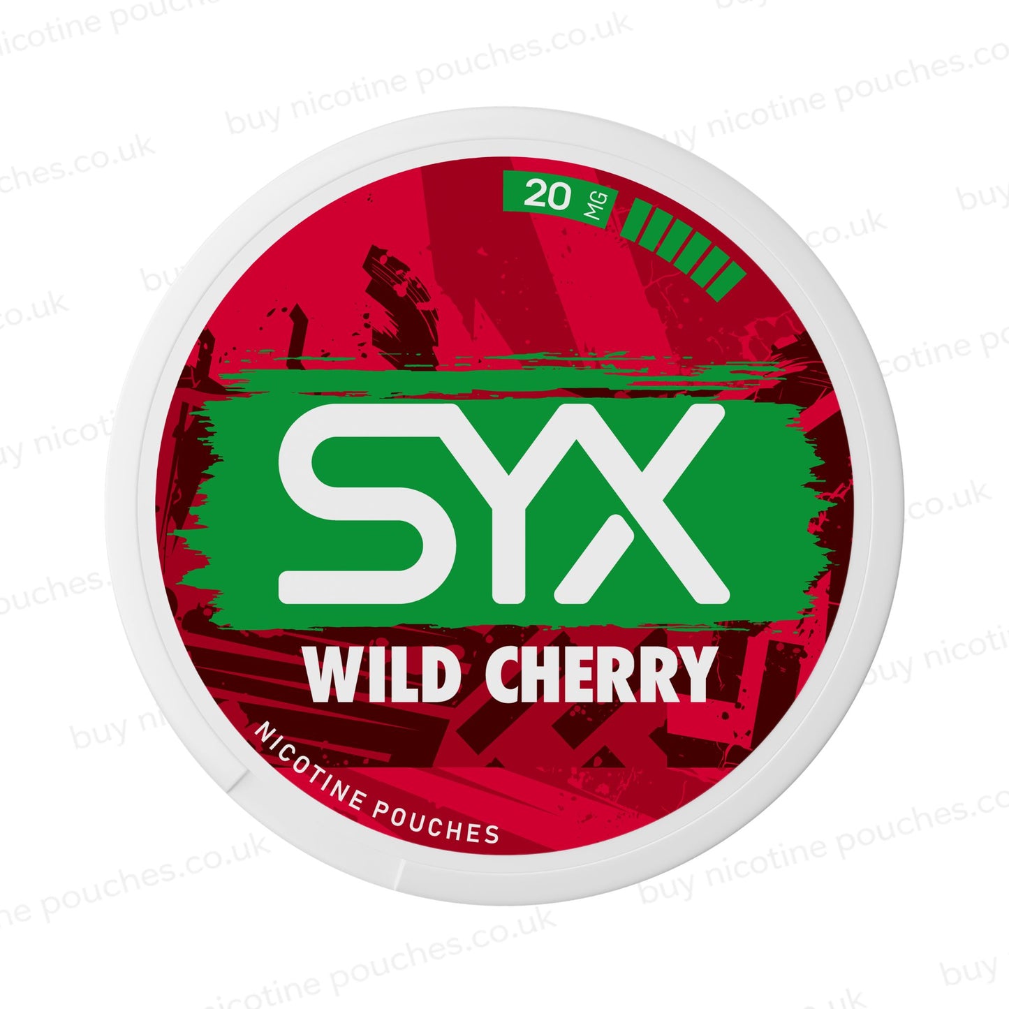 Nicotine pouch container with red SYX Wild Cherry branding on a white background.