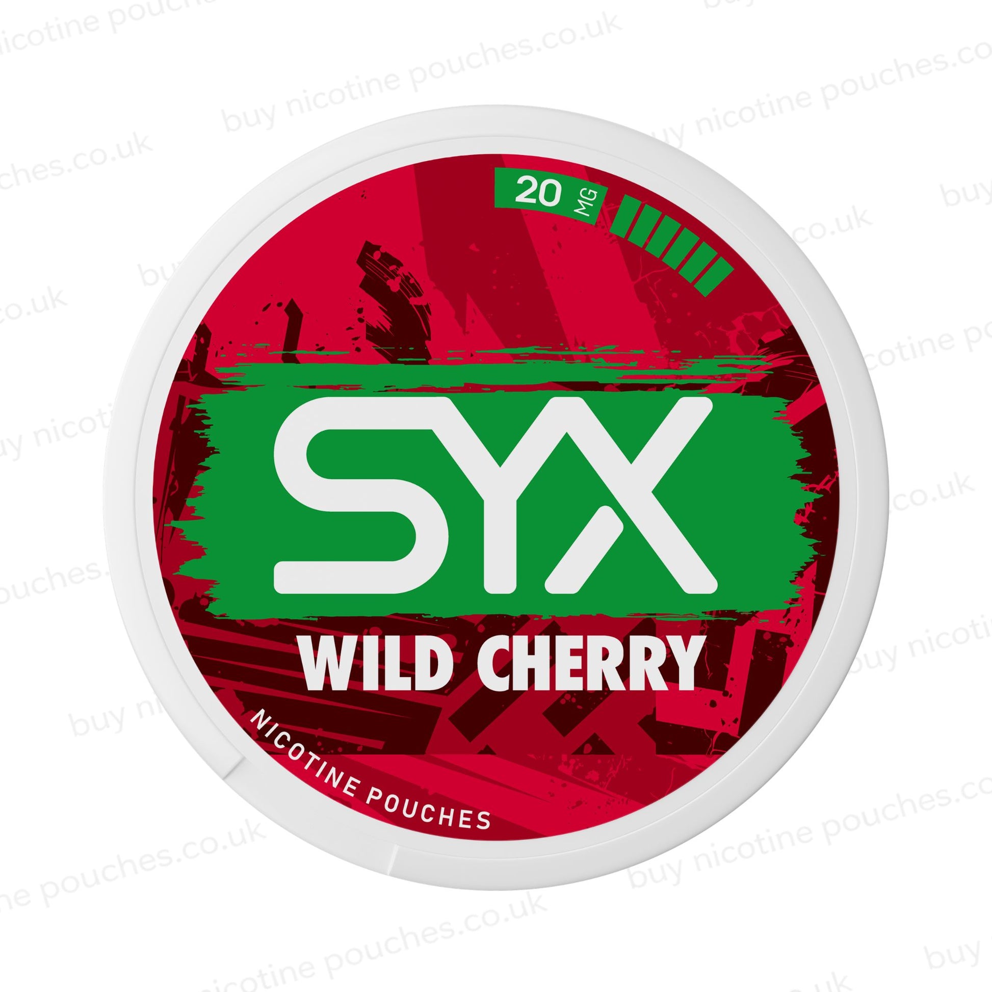 Nicotine pouch container with red SYX Wild Cherry branding on a white background.
