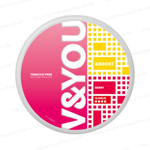 White nicotine pouch container with pink, yellow and red V&YOU Berry branding on a white background.