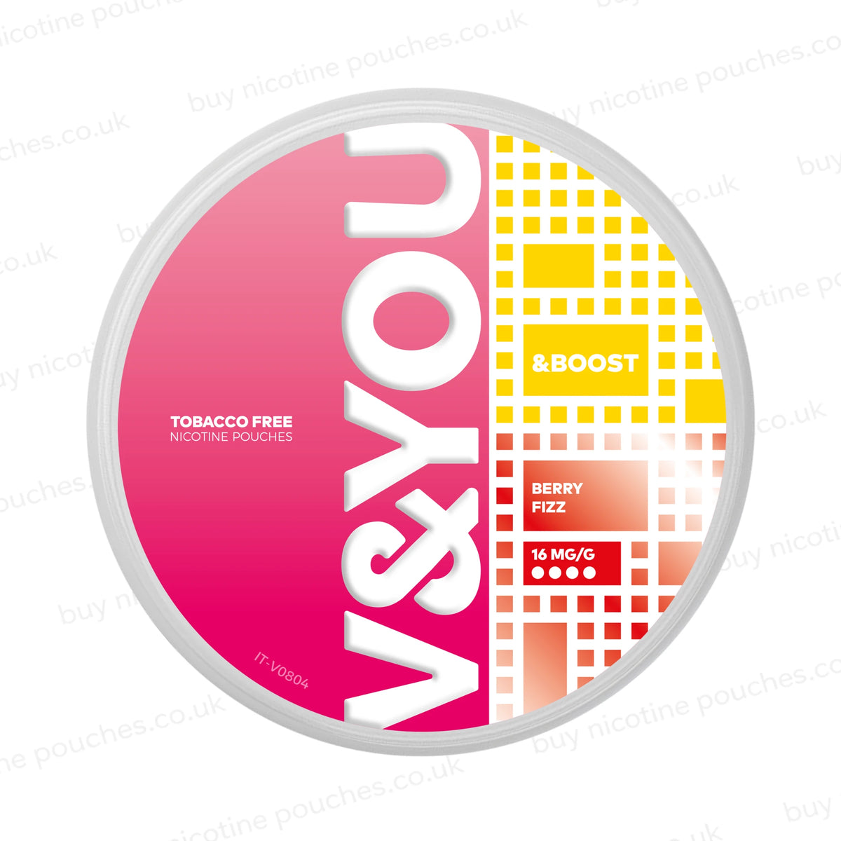 Nicotine pouch container with pink and yellow V&YOU Berry Fizz branding on a white background.