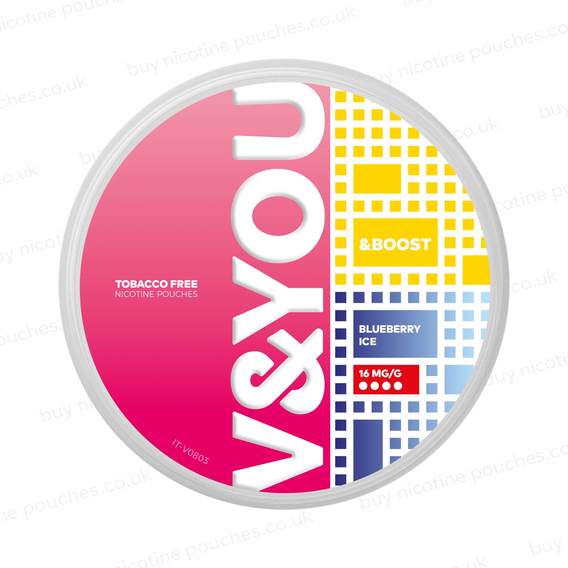 White nicotine pouch container with pink, yellow and blue V&YOU Blueberry Ice branding on a white background.