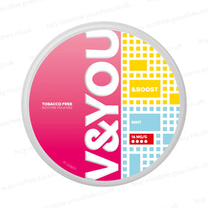 White nicotine pouch container with pink, yellow and blue V&YOU Mint branding on a white background.