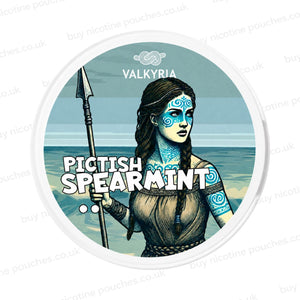 A round white container lid featuring a stylized illustration of a woman with blue tribal face paint holding a spear, with the text 'VALKYRIA' and 'PICTISH SPEARMINT' on a watermarked background.