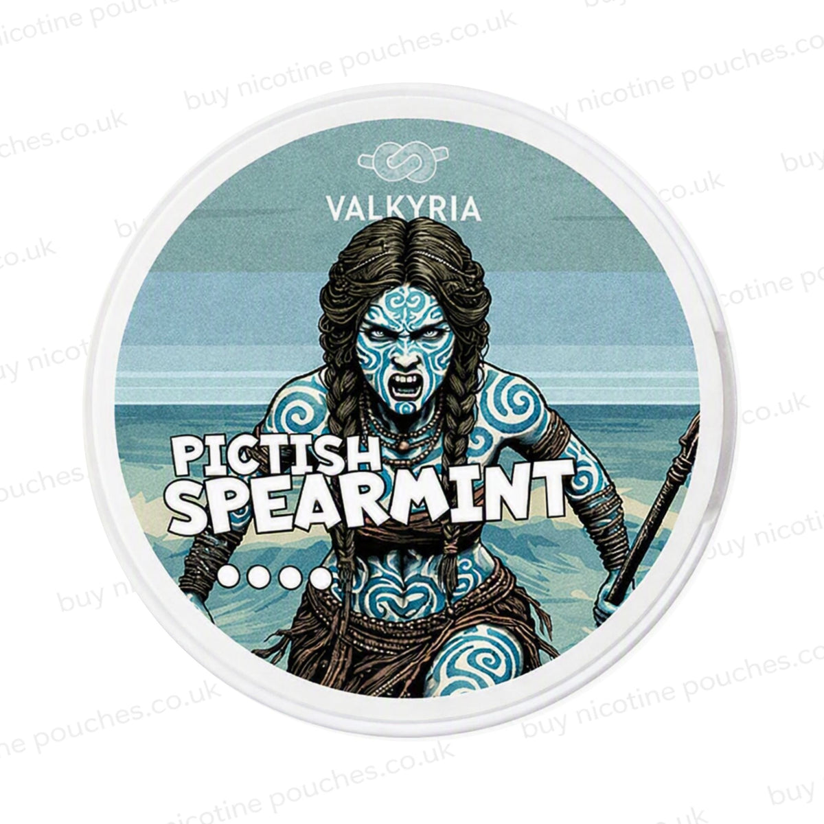 A round white container lid featuring a stylized illustration of a woman with blue tribal face paint holding a spear, with the text 'VALKYRIA' and 'PICTISH SPEARMINT' on a watermarked background.