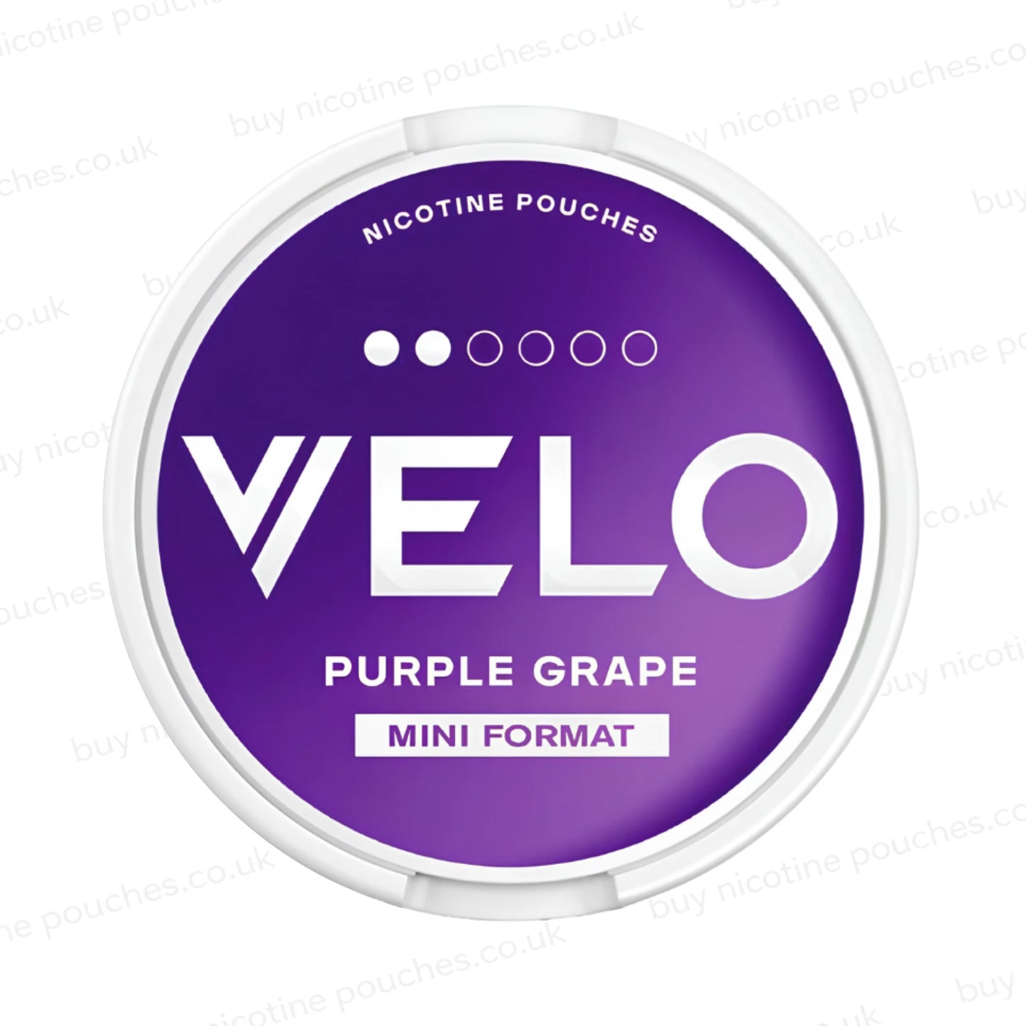 Nicotine pouch container with purple Velo Purple Grape branding on a white background.