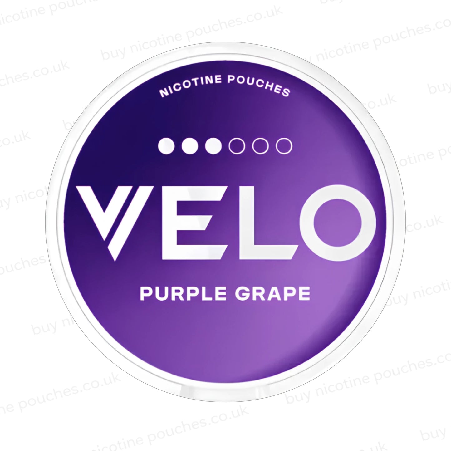 Nicotine pouch container with purple Velo Purple Grape branding on a white background.