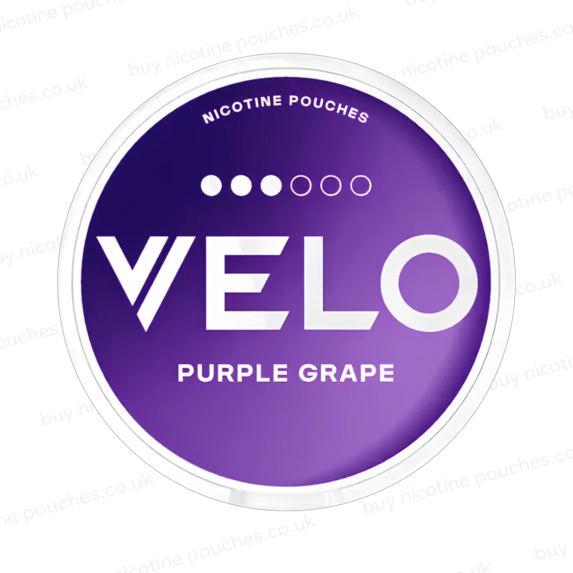 Nicotine pouch container with purple Velo Purple Grape branding on a white background.