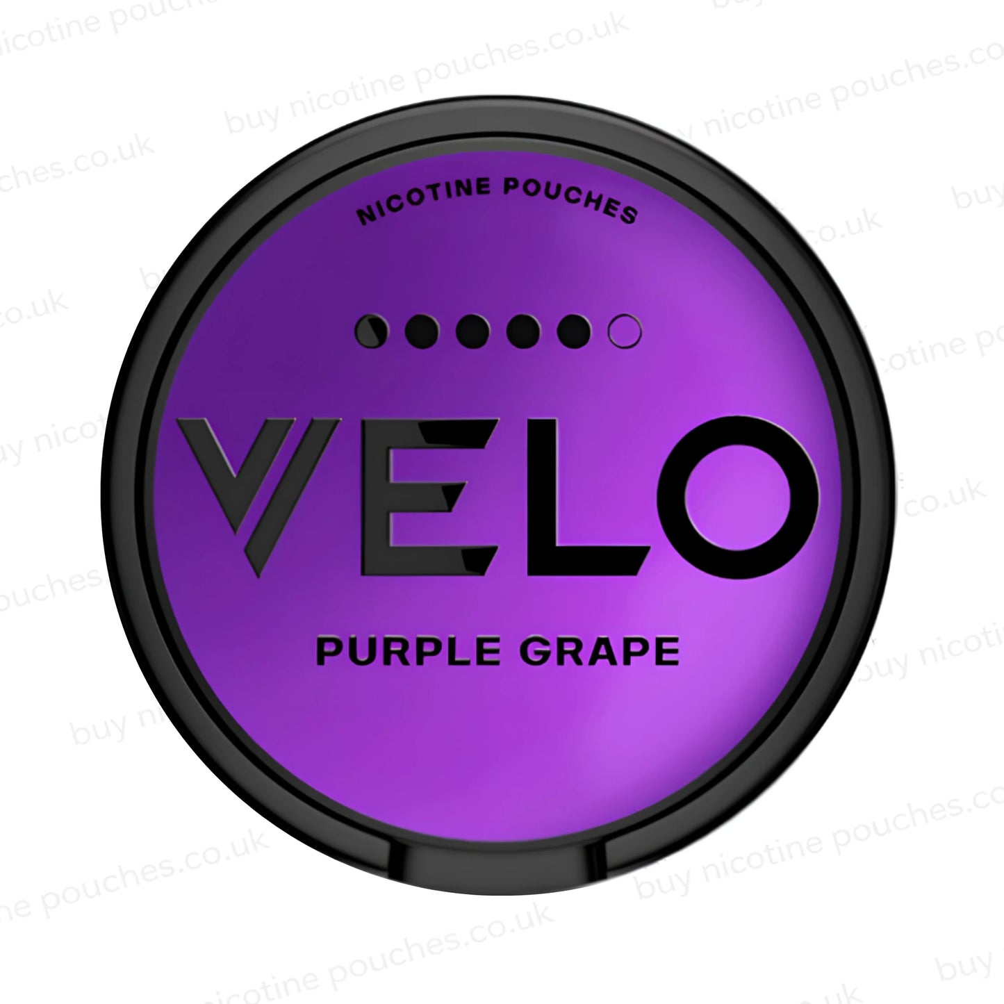 Nicotine pouch container with purple Velo Purple Grape branding on a white background.