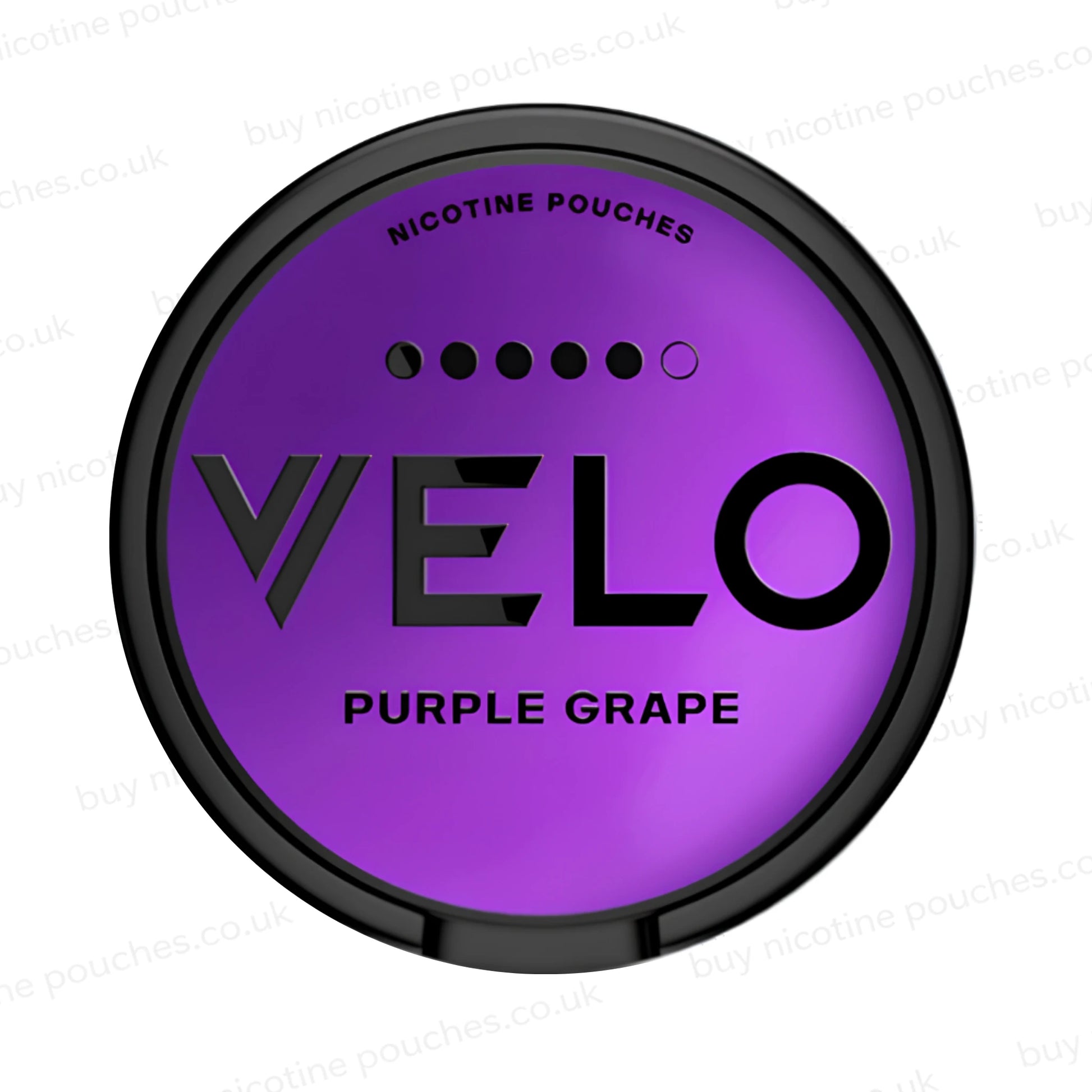 Nicotine pouch container with purple Velo Purple Grape branding on a white background.