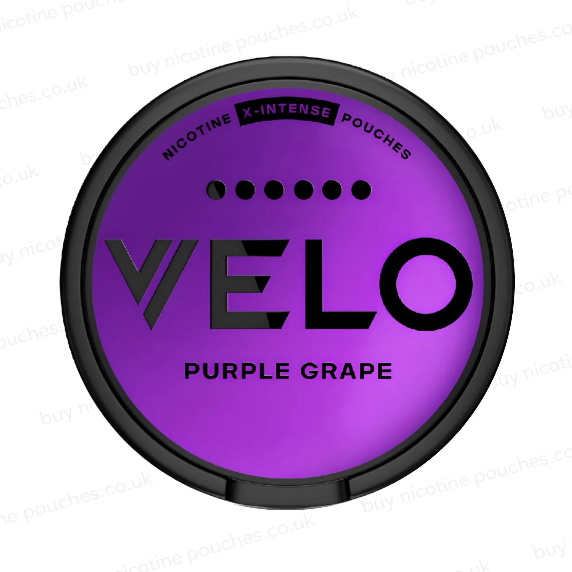 Nicotine pouch container with purple Velo Purple Grape branding on a white background.