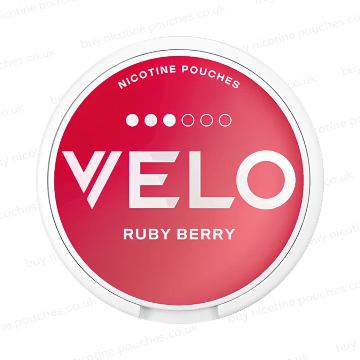 Nicotine pouch tub with red 'VELO Ruby Berry' branding on a white background.