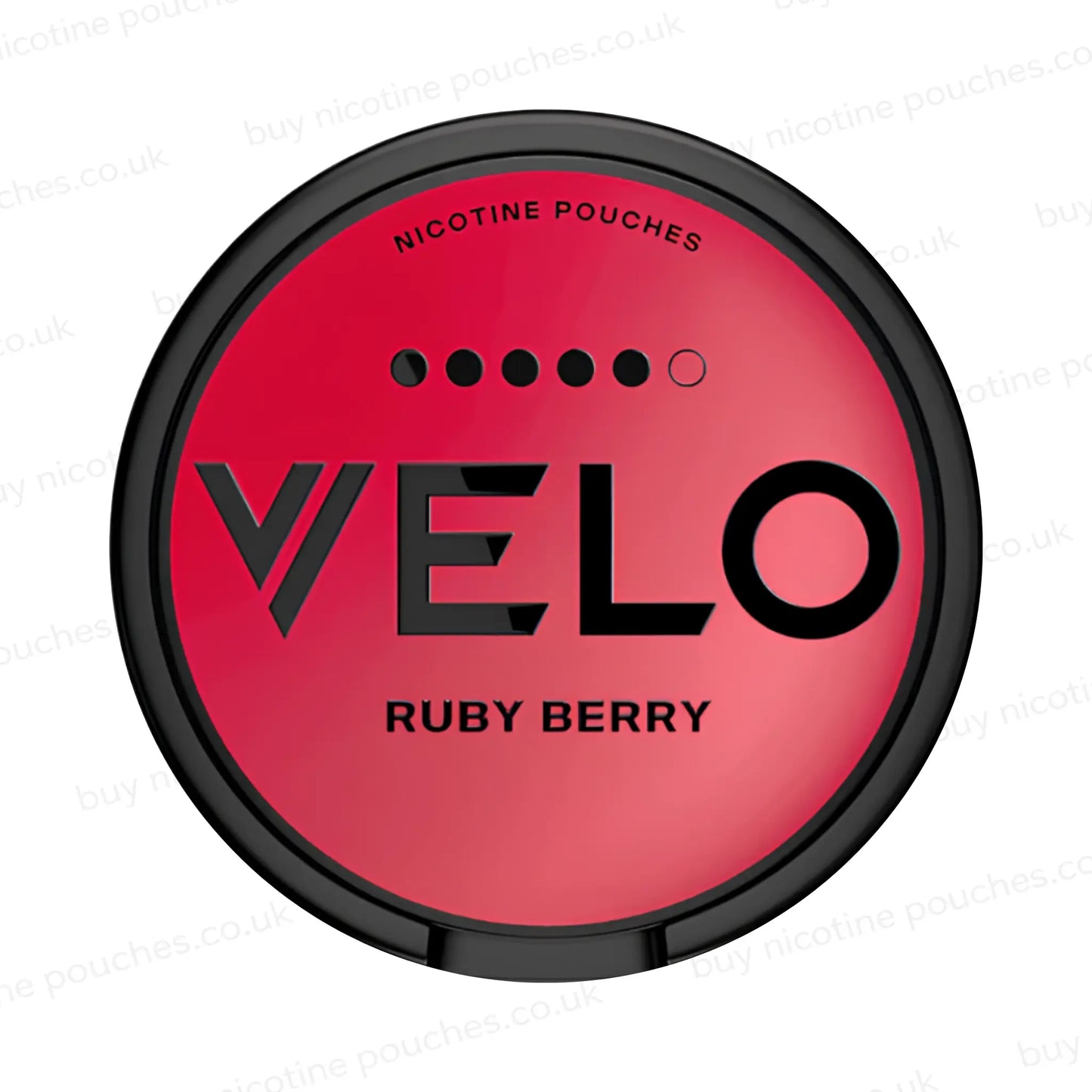 Nicotine pouch tub with red 'VELO Ruby Berry' branding on a white background.