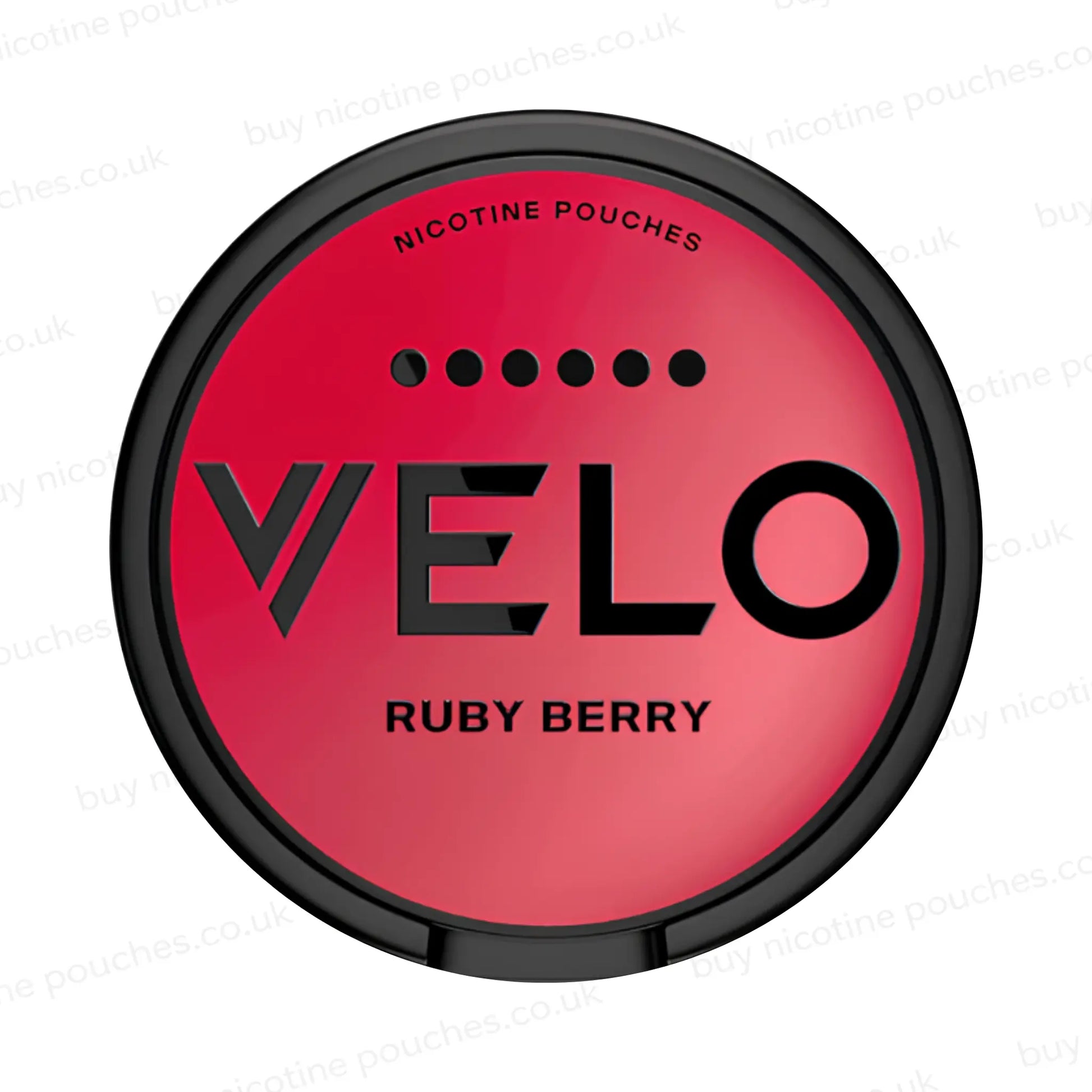 Nicotine pouch tub with red 'VELO Ruby Berry' branding on a white background.