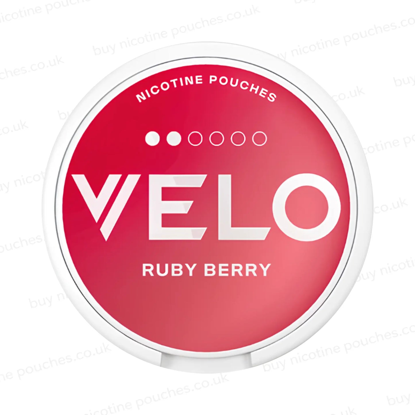 Nicotine pouch tub with red 'VELO Ruby Berry' branding on a white background.
