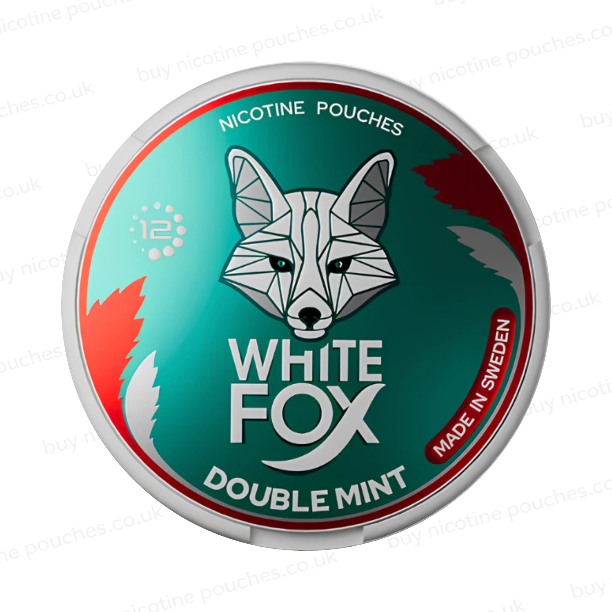 Turquoise nicotine pouch tub with geometric fox logo and 'White Fox Double Mint 12' branding on a white background.