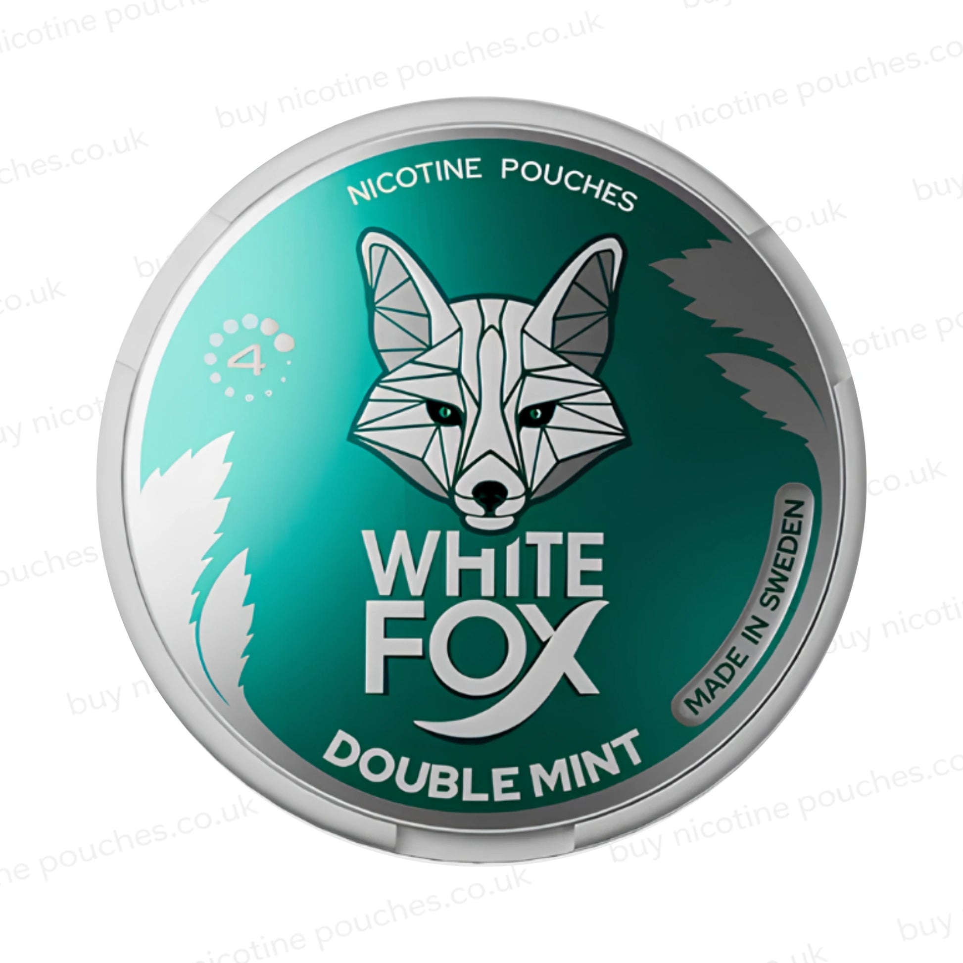 Turquoise nicotine pouch tub with geometric fox logo and 'White Fox Double Mint 4' branding on a white background.