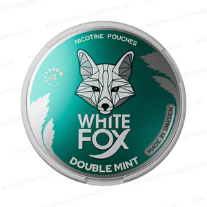 Turquoise nicotine pouch tub with geometric fox logo and 'White Fox Double Mint 4' branding on a white background.