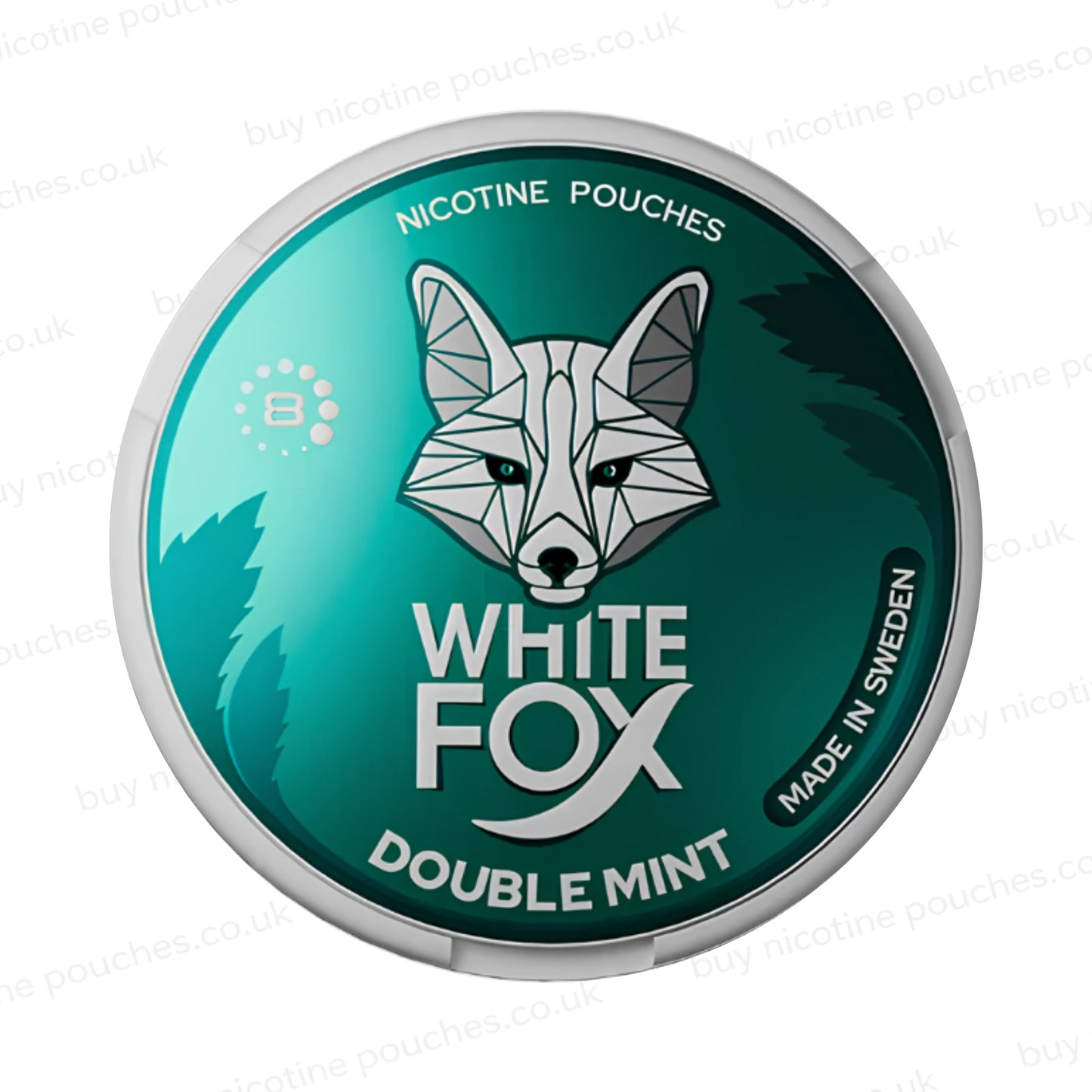 Turquoise nicotine pouch tub with geometric fox logo and 'White Fox Double Mint 8' branding on a white background.