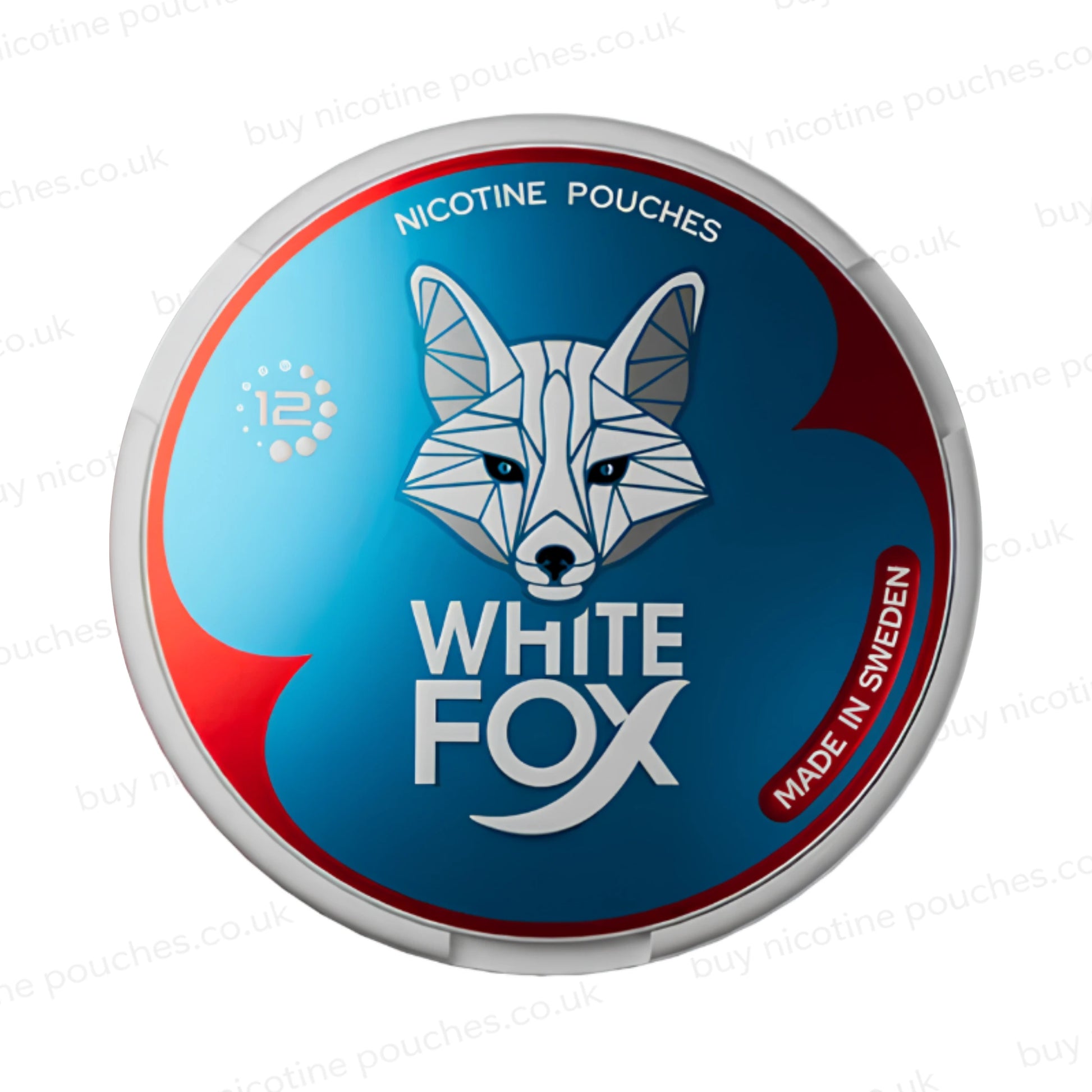 Blue container of White Fox nicotine pouches with a geometric fox design on a white background