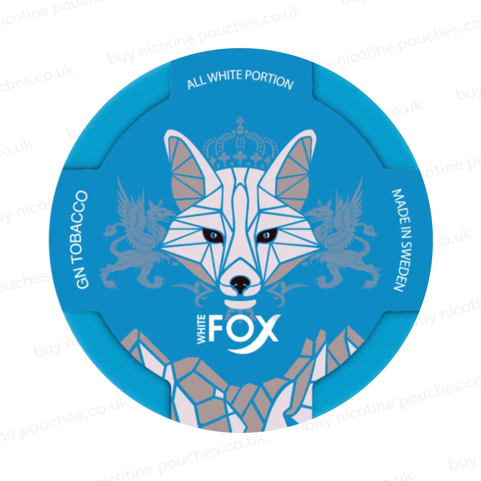Blue container of White Fox nicotine pouches with a geometric fox design on a white background