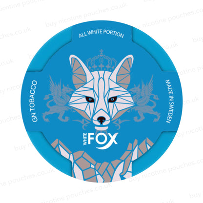 Blue container of White Fox nicotine pouches with a geometric fox design on a white background