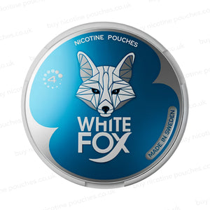 Blue container of White Fox nicotine pouches with a geometric fox design on a white background