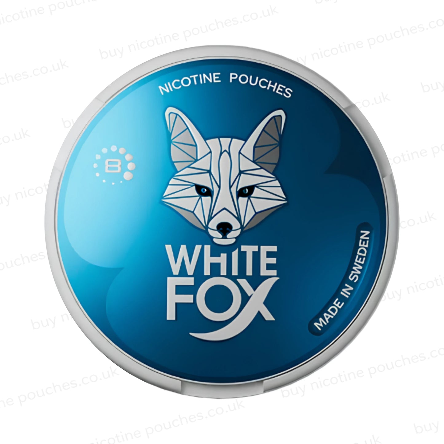 Blue container of White Fox nicotine pouches with a geometric fox design on a white background