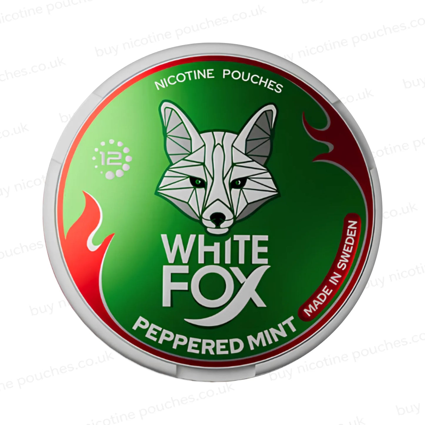 Nicotine pouch tub with green 'White Fox Peppered Mint 12' branding on a white background.