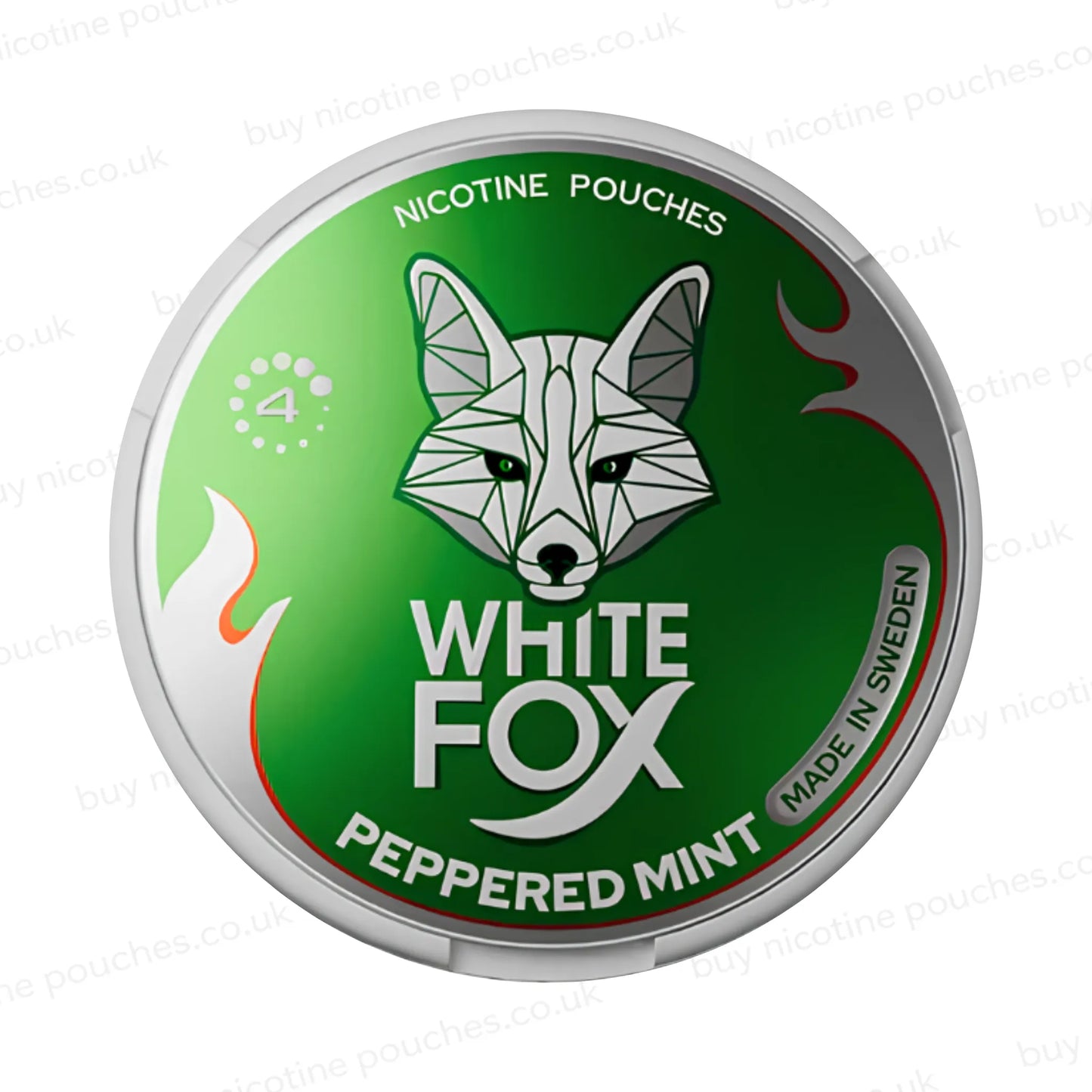 Nicotine pouch tub with green 'White Fox Peppered Mint 4' branding on a white background.