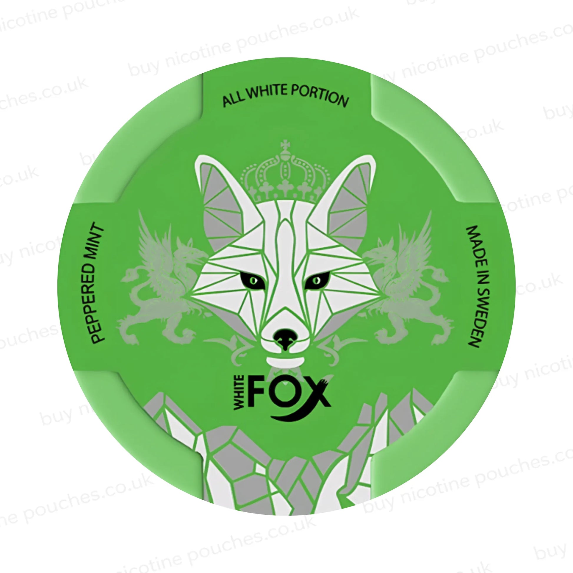 Nicotine pouch tub with green 'White Fox Peppered Mint' branding on a white background.