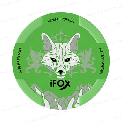 Nicotine pouch tub with green 'White Fox Peppered Mint' branding on a white background.