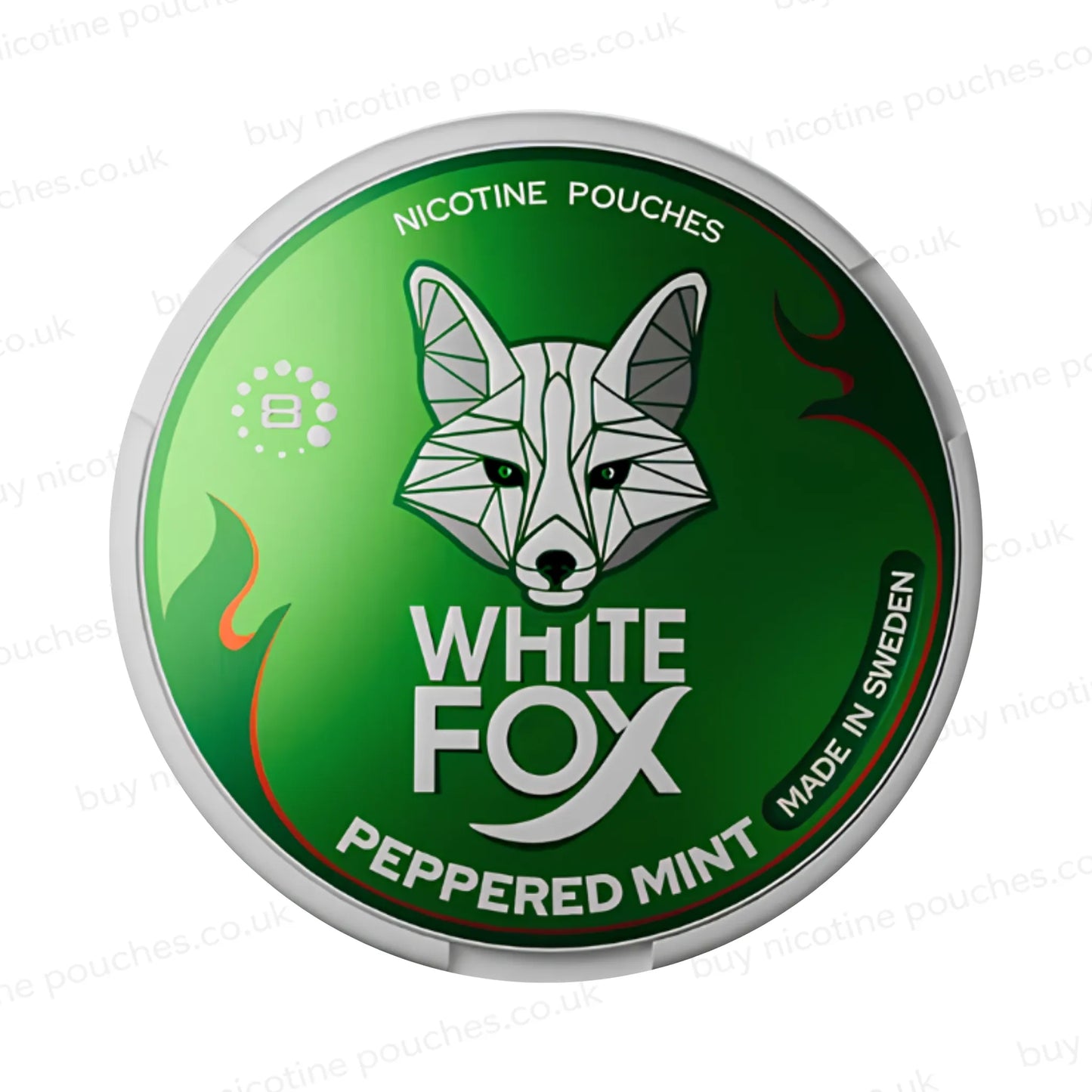 Nicotine pouch tub with green 'White Fox Peppered Mint 8' branding on a white background.