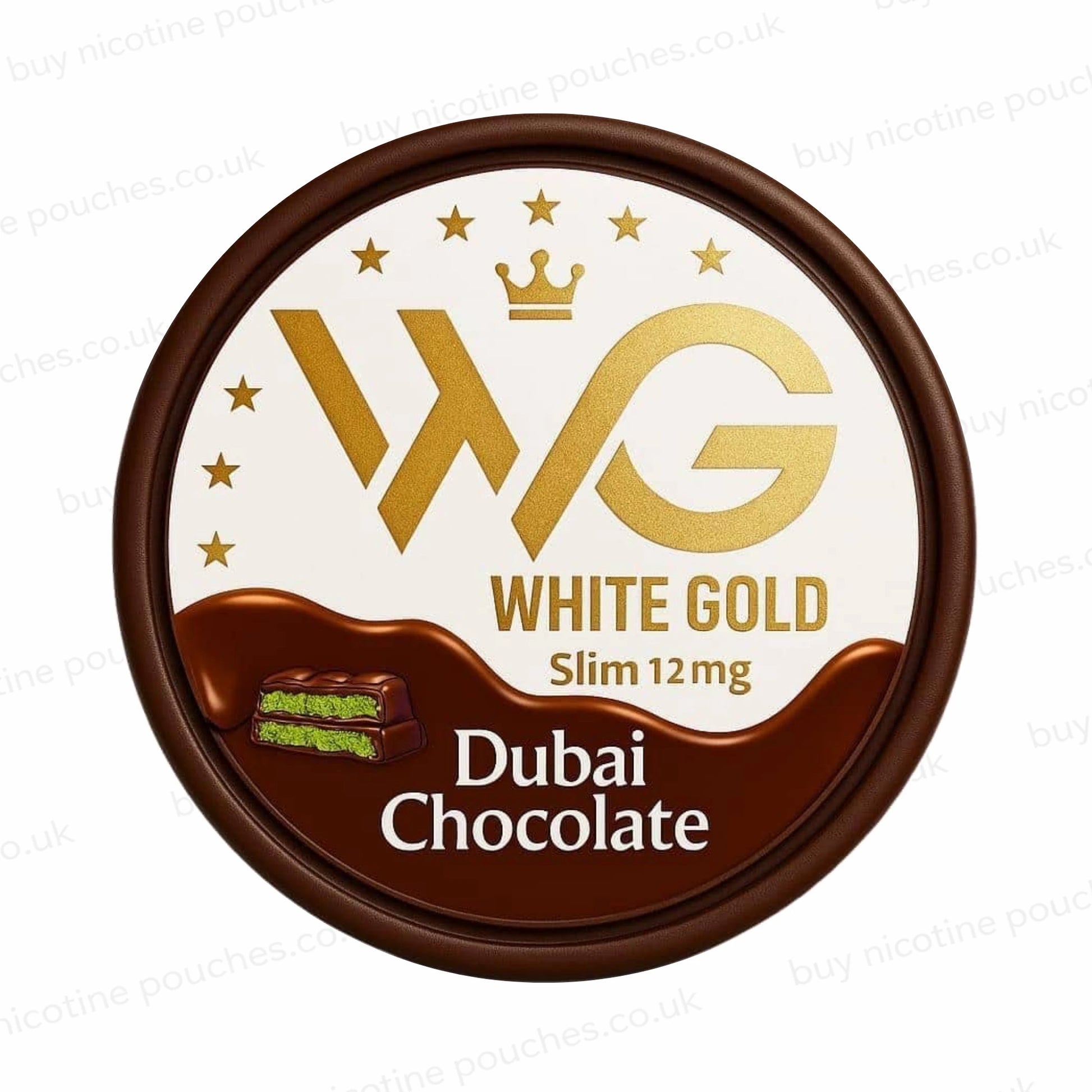 Nicotine pouch tub with 'White Gold Dubai Chocolate' branding on a white background.