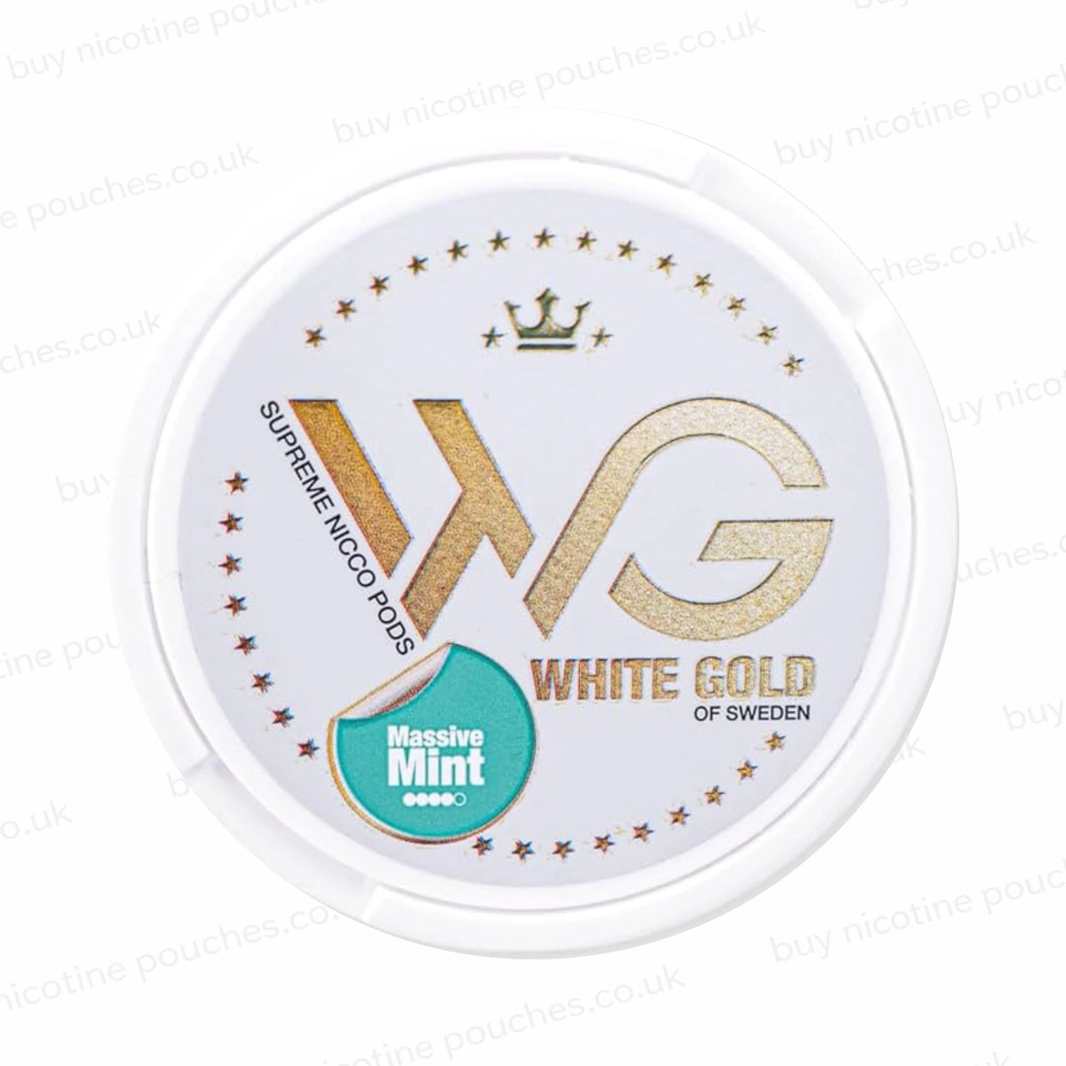 White Gold Massive Mint container with gold lettering on a white background