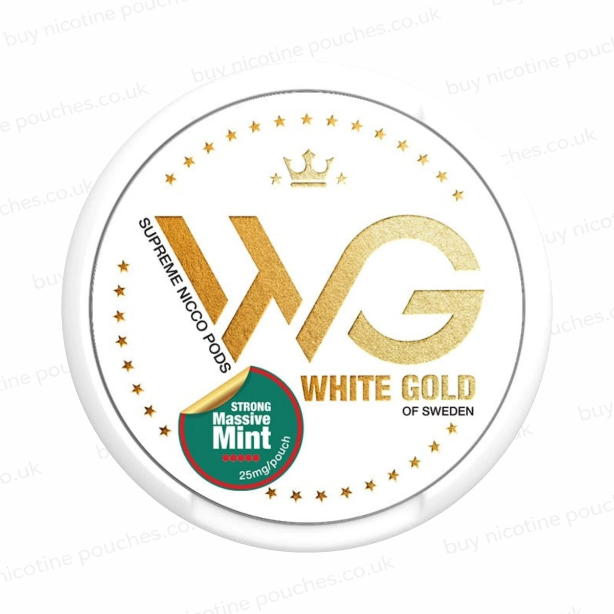 White Gold Strong Massive Mint container with gold lettering on a white background