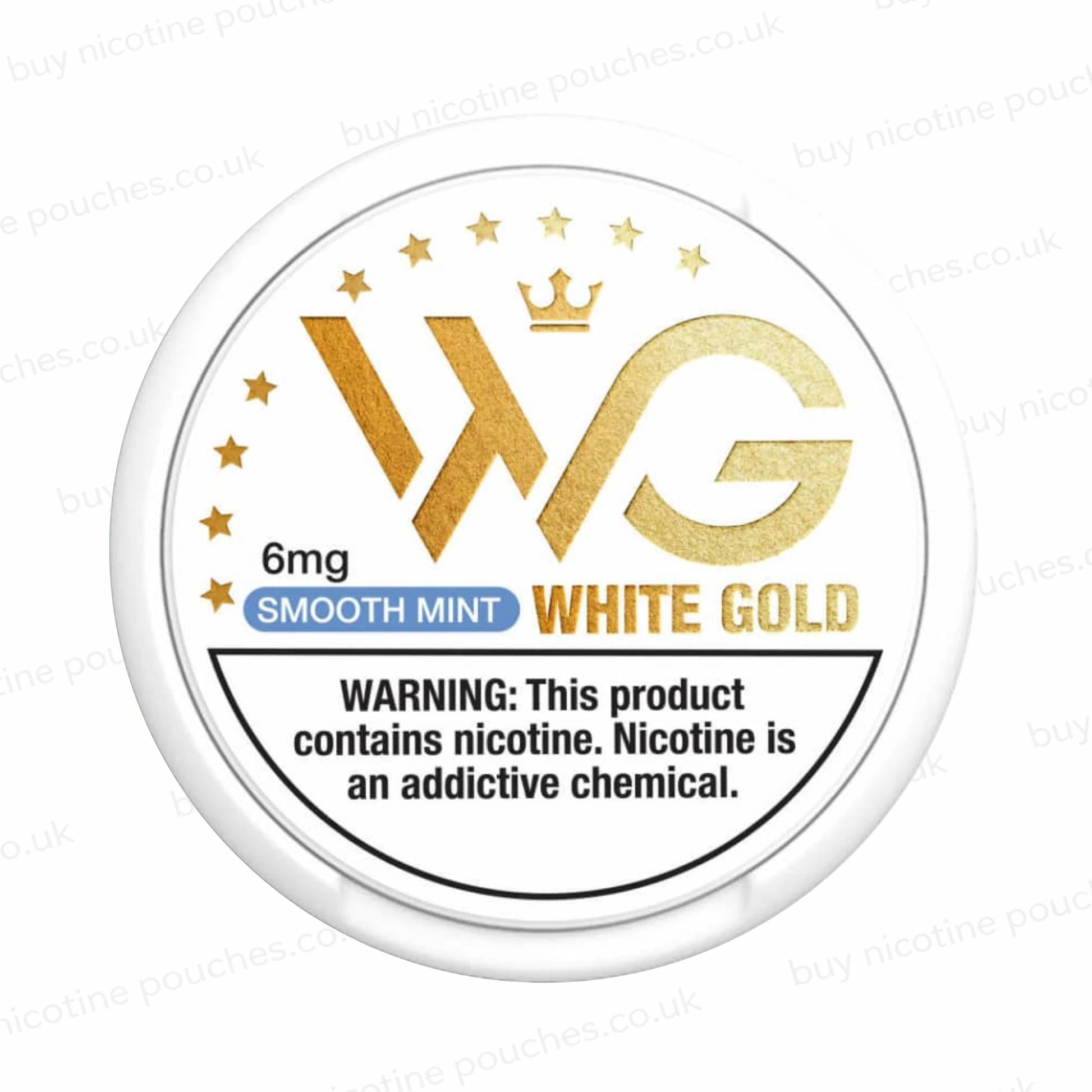 Nicotine pouch tub with 'White Gold Smooth Mint 6mg' branding on a white background.
