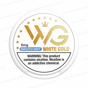 Nicotine pouch tub with 'White Gold Smooth Mint 6mg' branding on a white background.