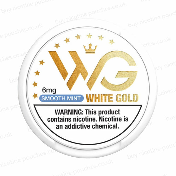 Nicotine pouch tub with 'White Gold Smooth Mint 6mg' branding on a white background.