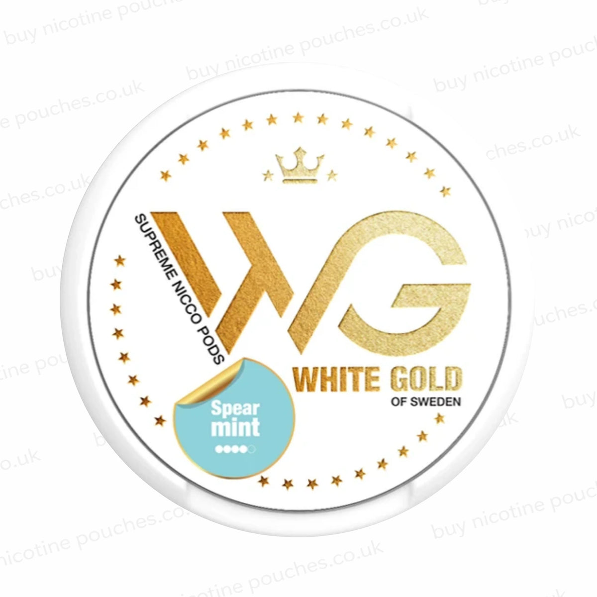 Nicotine pouch tub with 'White Gold Spearmint' branding on a white background.