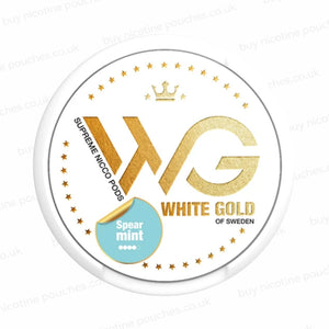 Nicotine pouch tub with 'White Gold Spearmint' branding on a white background.