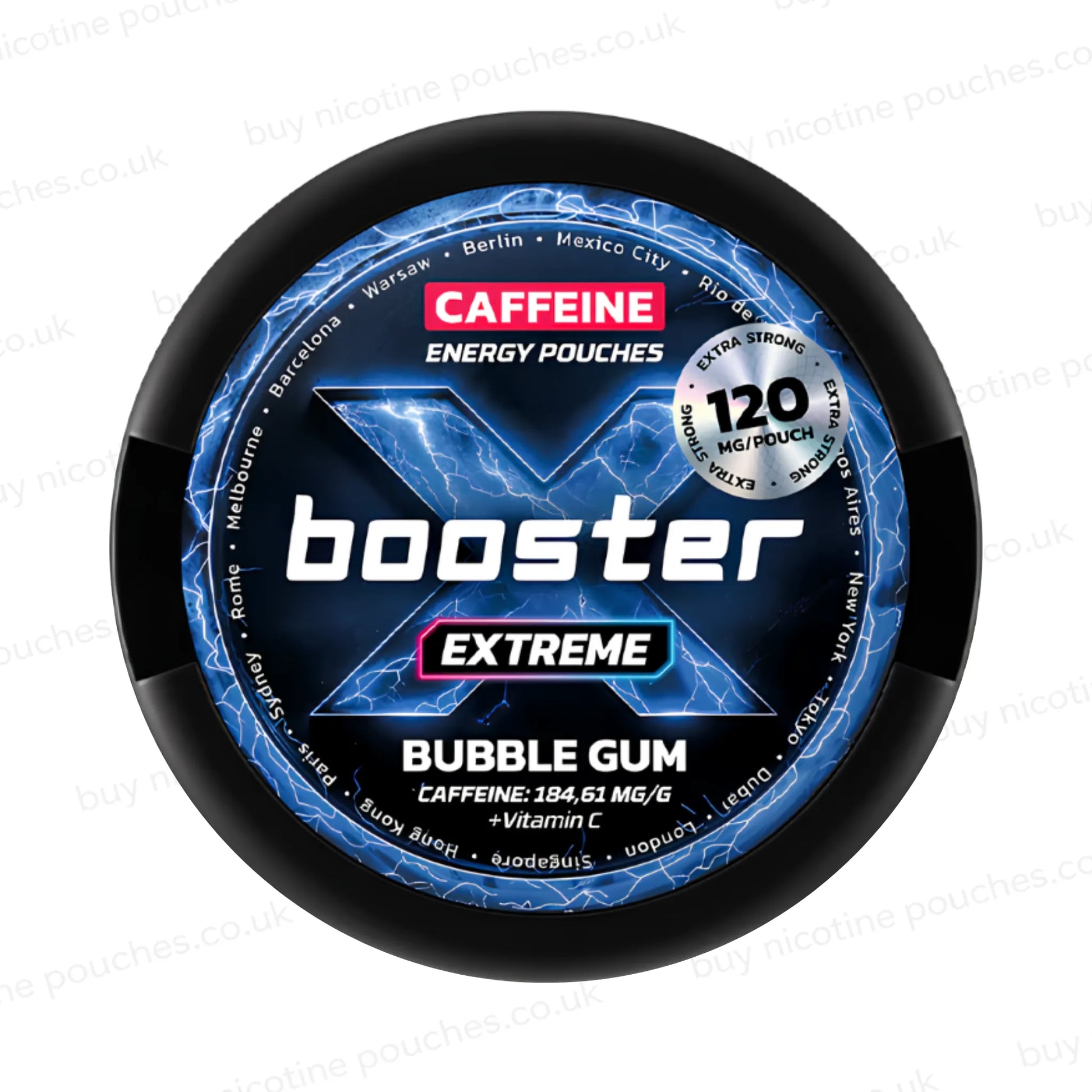 Black circular container with blue X Booster Extreme Caffeine Pouches 120mg branding on a white background.