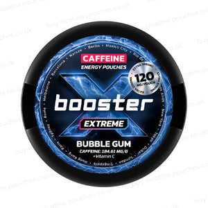 Black circular container with blue X Booster Extreme Caffeine Pouches 120mg branding on a white background.